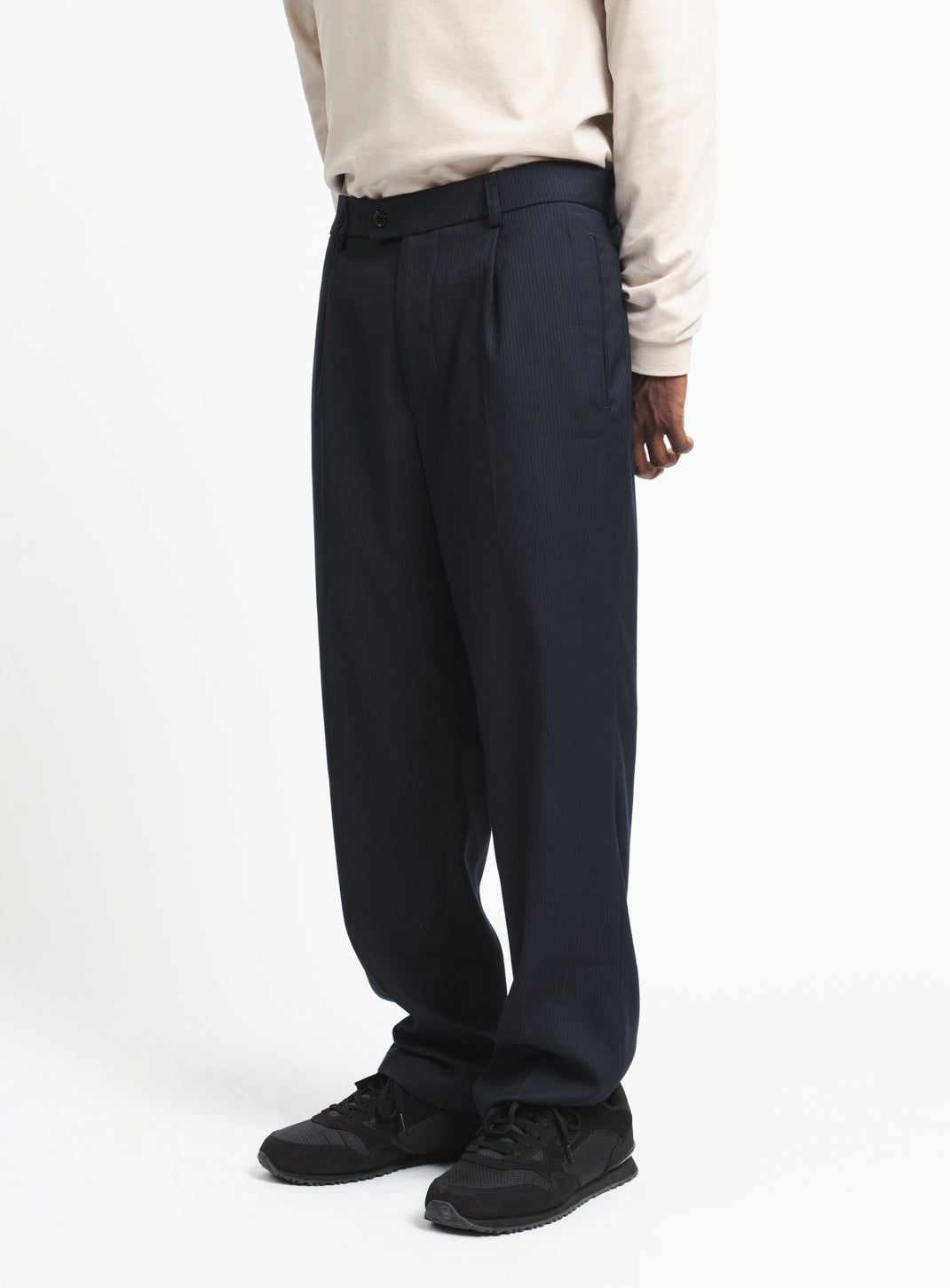 Pleated Pants with Looped Belt in Navy Blue Fine Stripe Serge