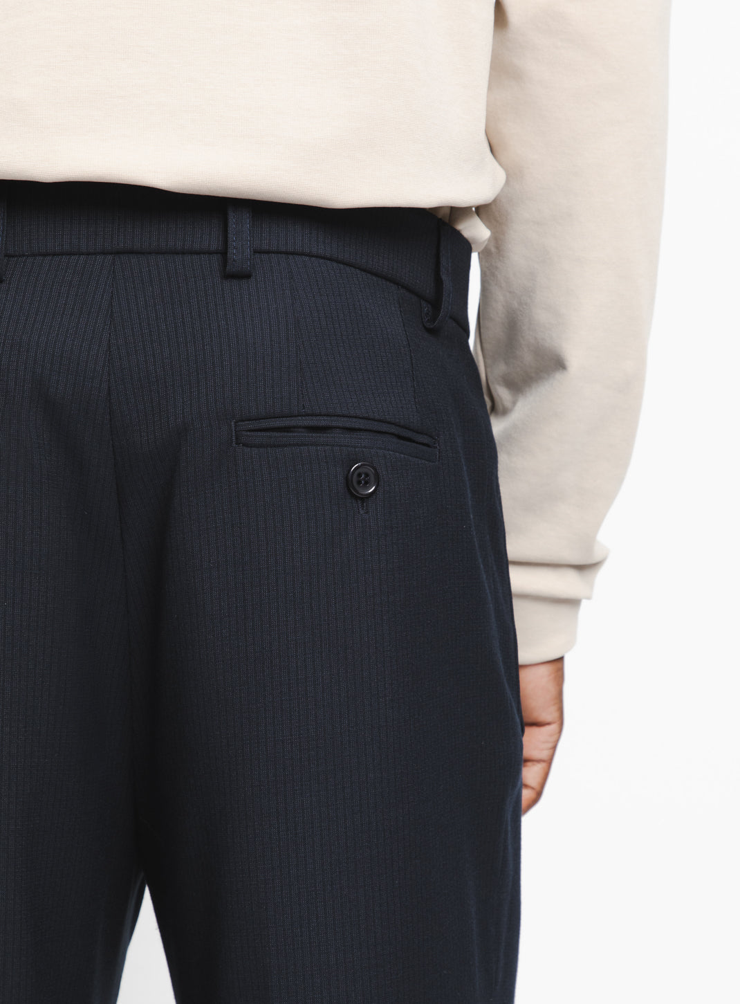 Pleated Pants with Looped Belt in Navy Blue Fine Stripe Serge