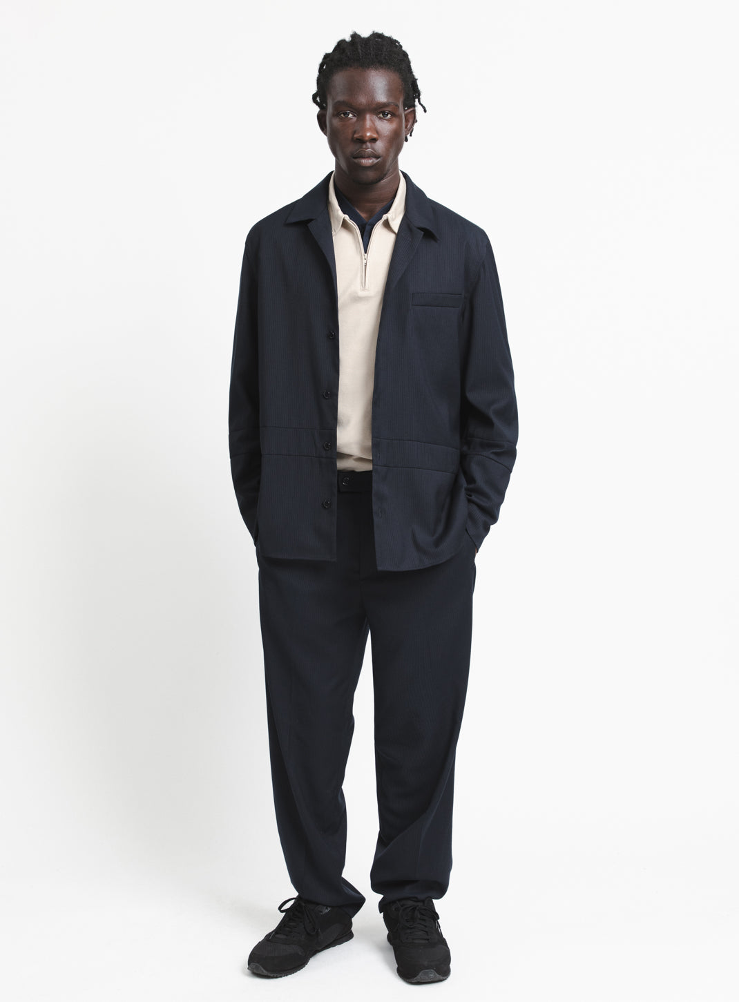 Jacket with Inlayed Band in Navy Blue Fine Stripe Serge