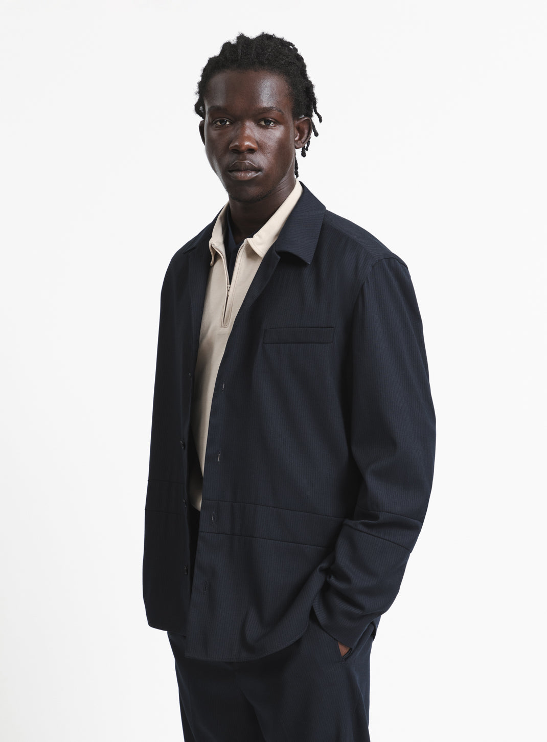 Jacket with Inlayed Band in Navy Blue Fine Stripe Serge