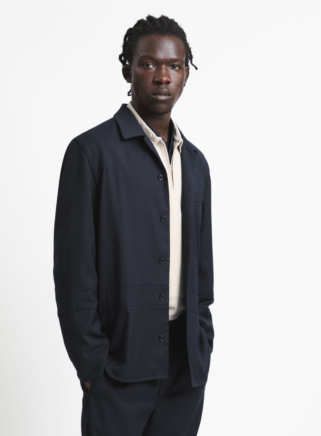 Jacket with Inlayed Band in Navy Blue Fine Stripe Serge
