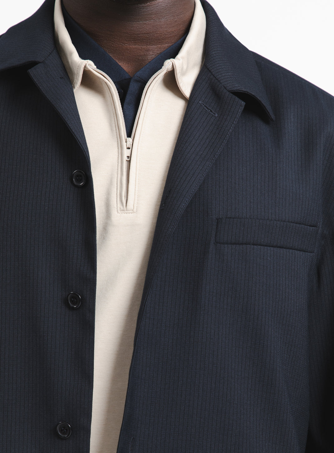 Jacket with Inlayed Band in Navy Blue Fine Stripe Serge