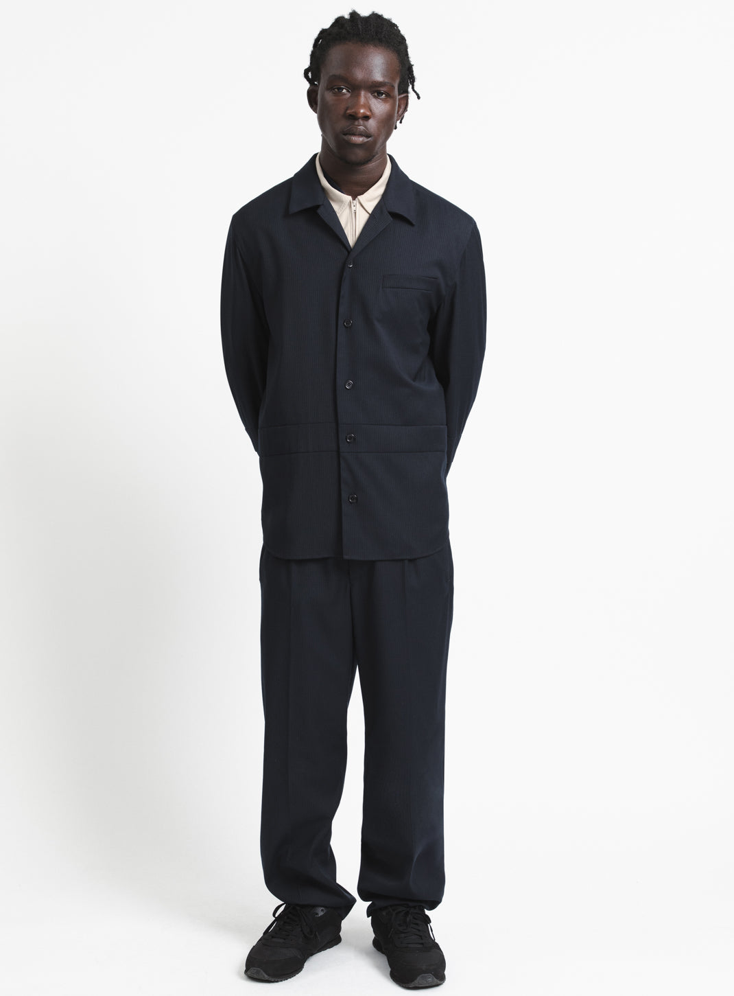 Jacket with Inlayed Band in Navy Blue Fine Stripe Serge