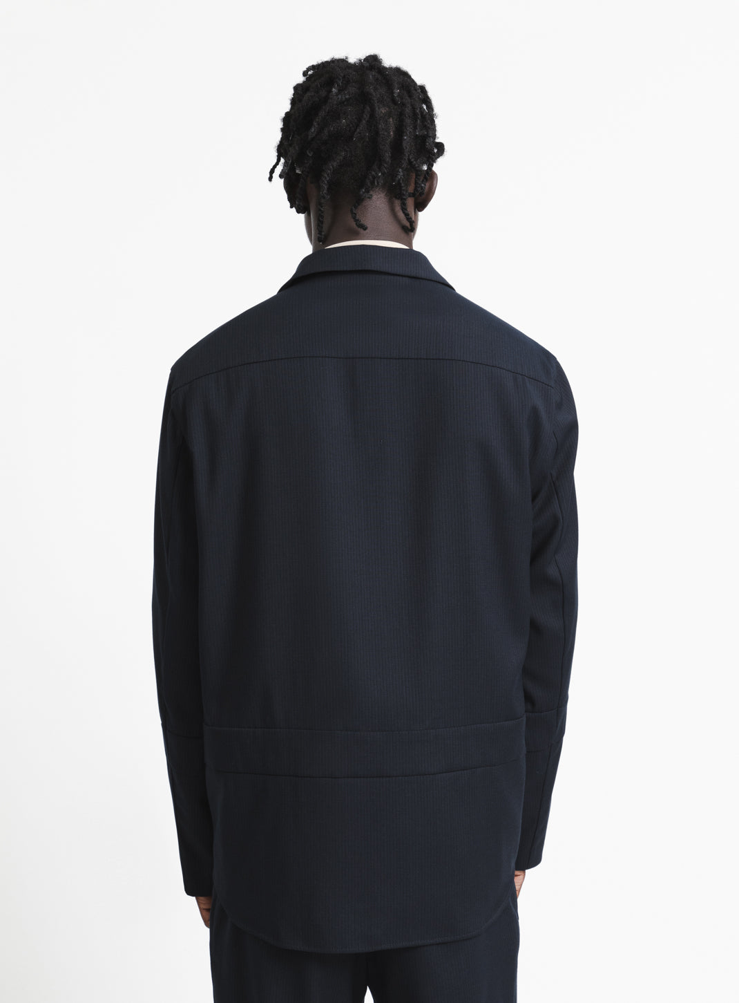 Jacket with Inlayed Band in Navy Blue Fine Stripe Serge