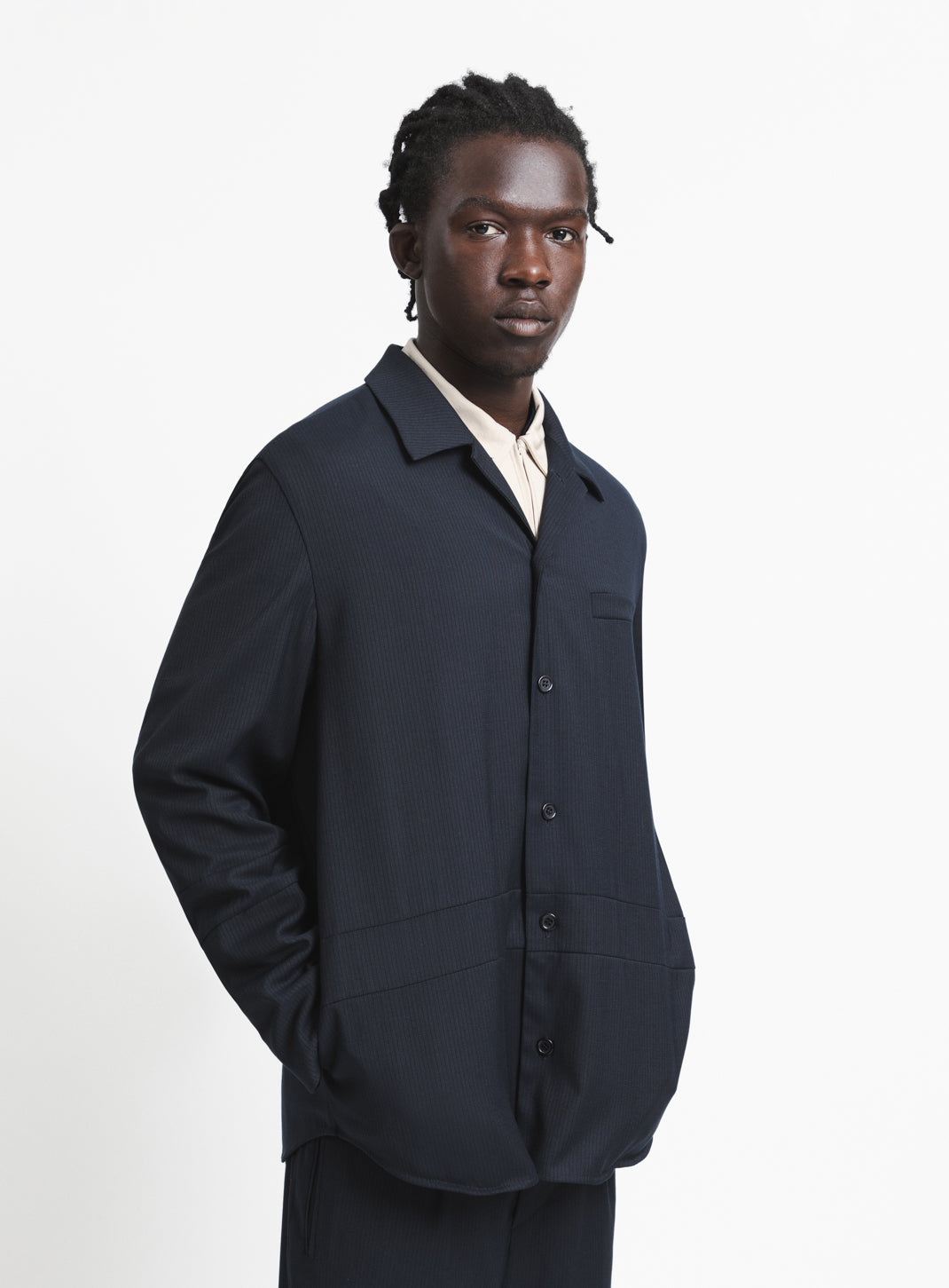 Jacket with Inlayed Band in Navy Blue Fine Stripe Serge
