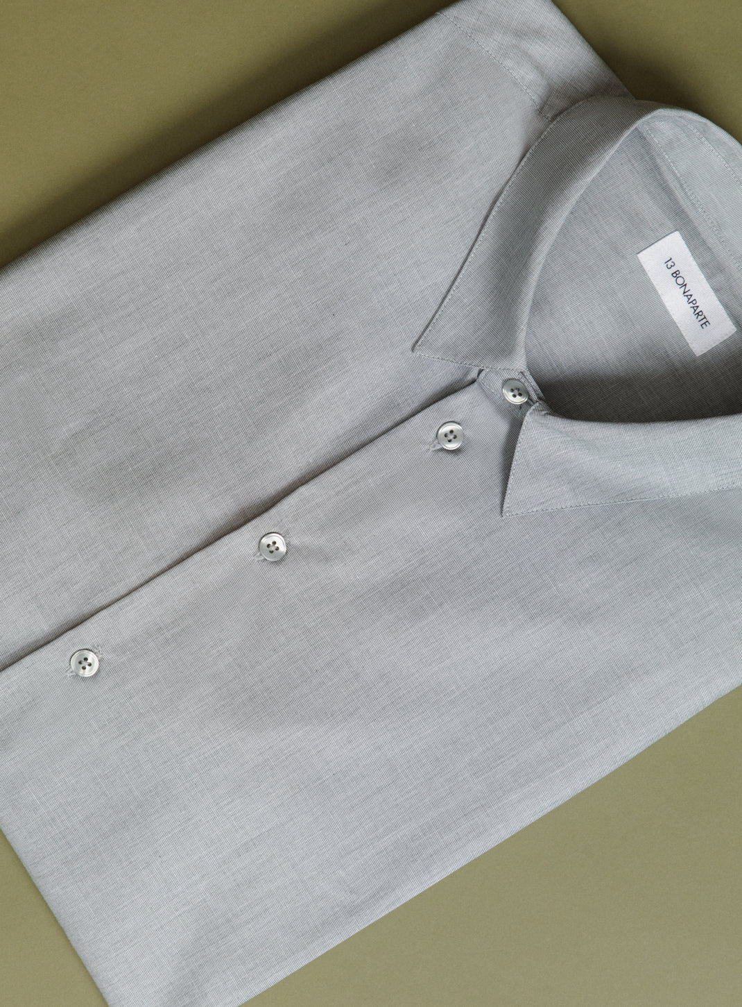 Shirt with Small Collar Stand in Gray-Green End-on-End