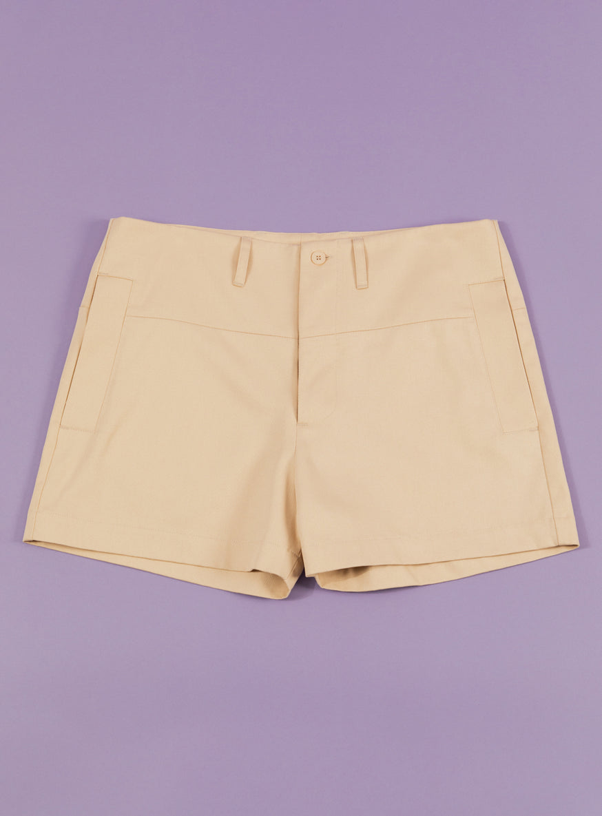 Shorts with Large Waist Belt in Ecru Cotton Gabardine