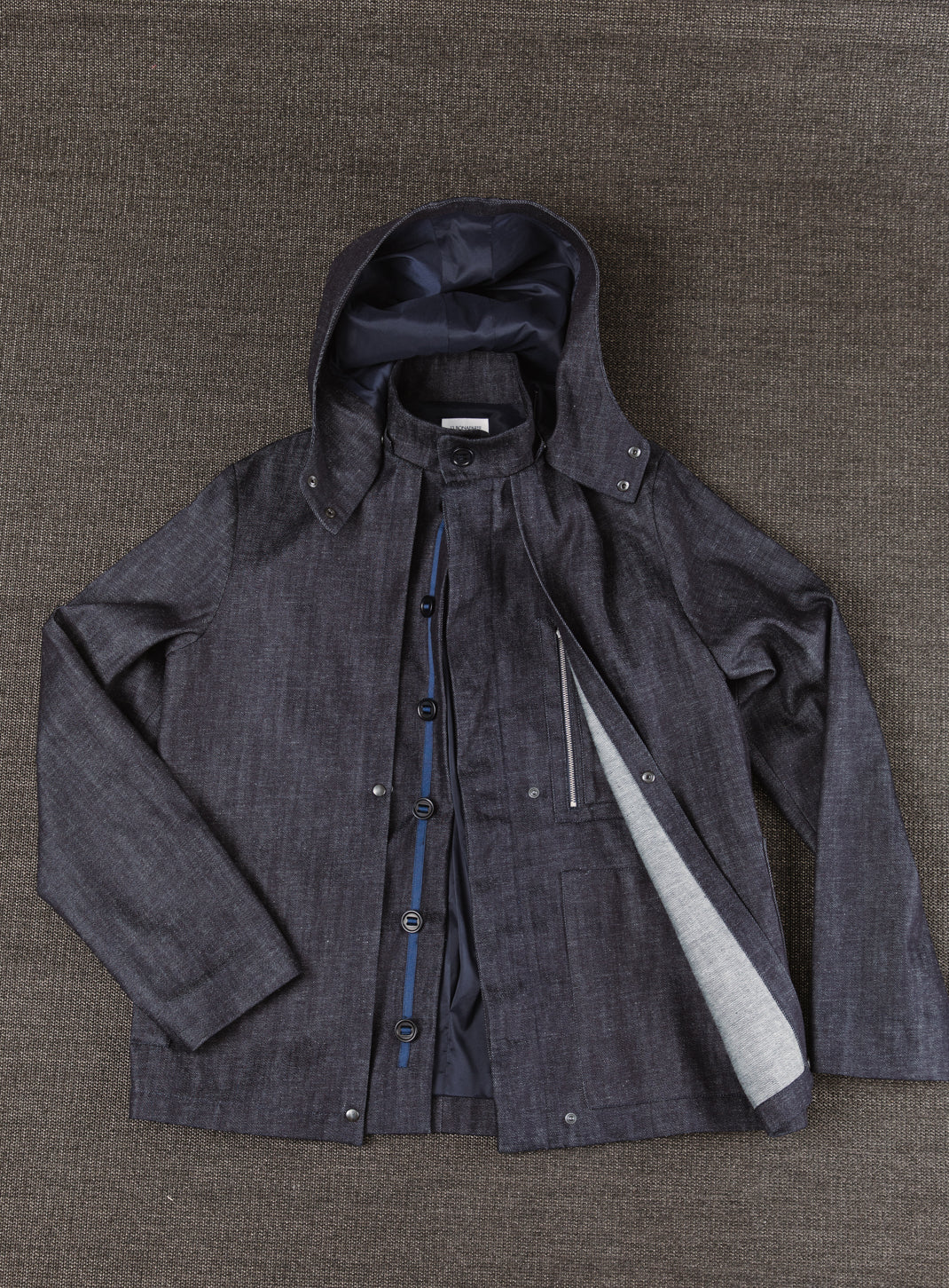 Multi Pockets Flapped Parka in Raw Blue Denim