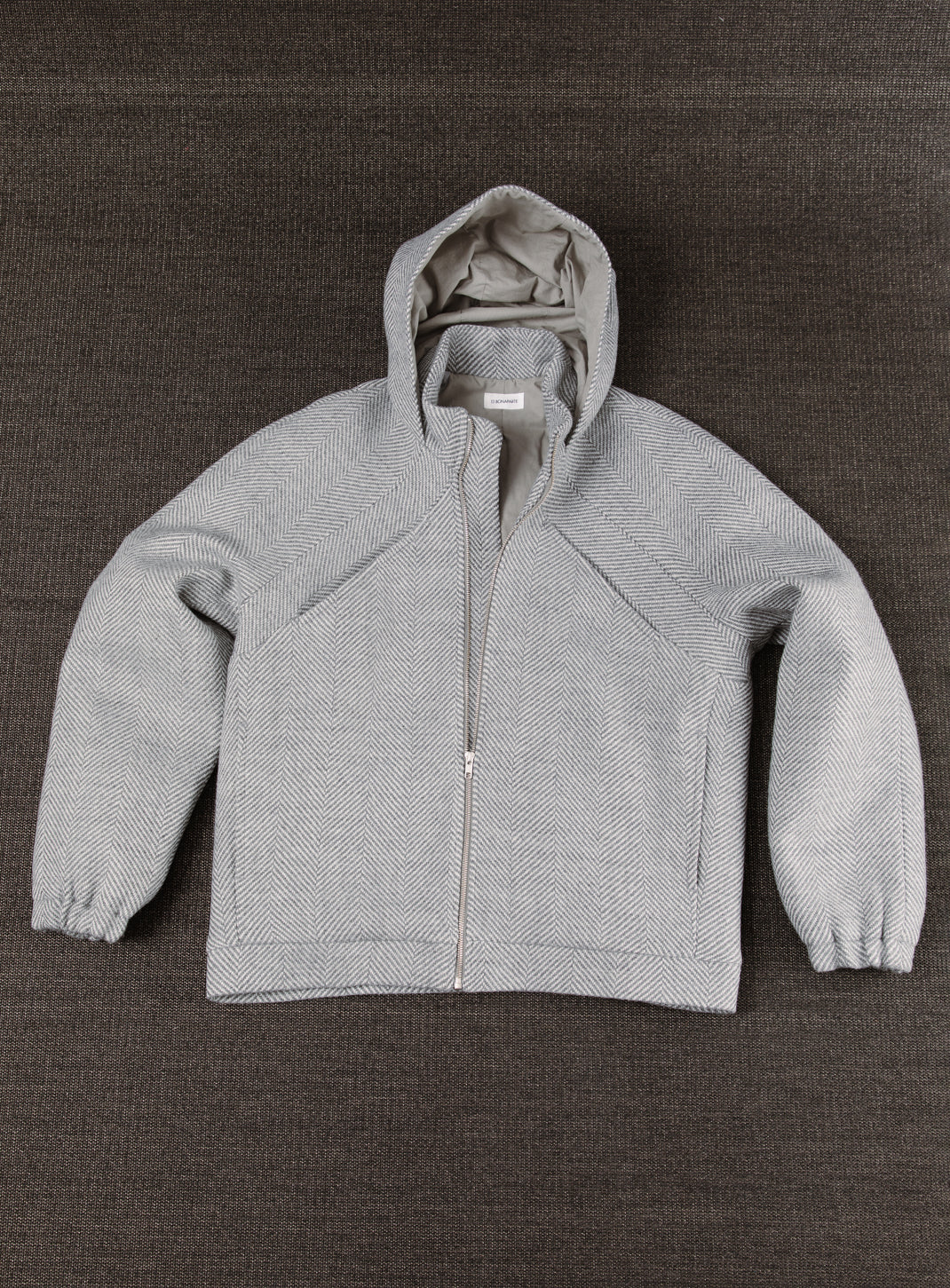X Collar Puffer Jacket in Light Grey Herringbone Wool