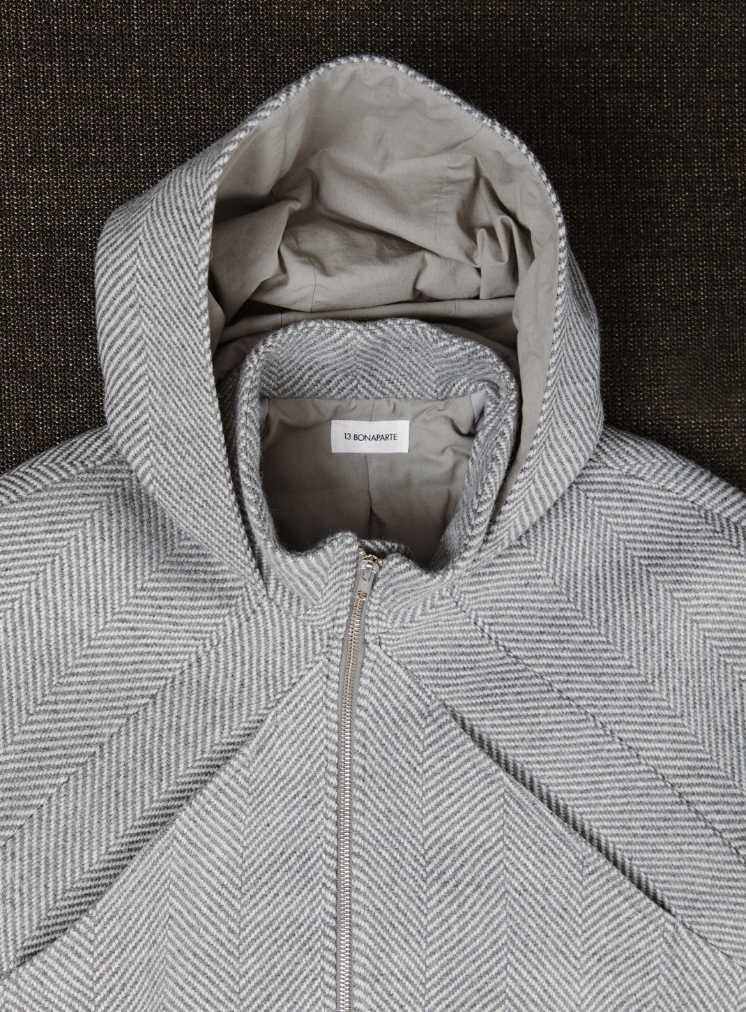X Collar Puffer Jacket in Light Grey Herringbone Wool