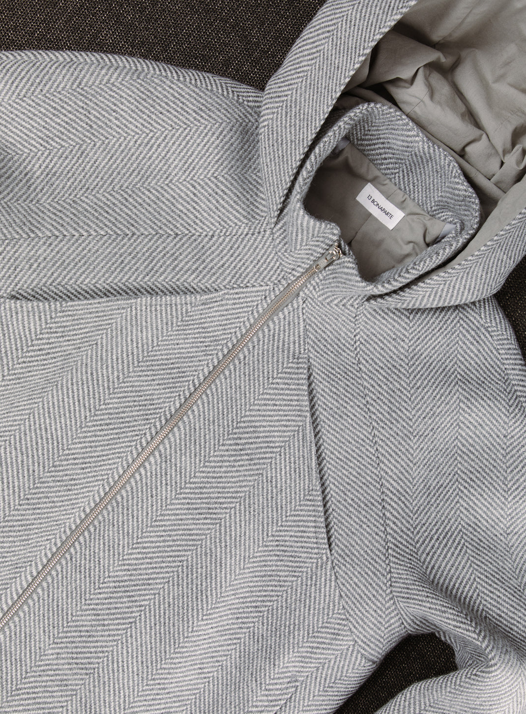 X Collar Puffer Jacket in Light Grey Herringbone Wool