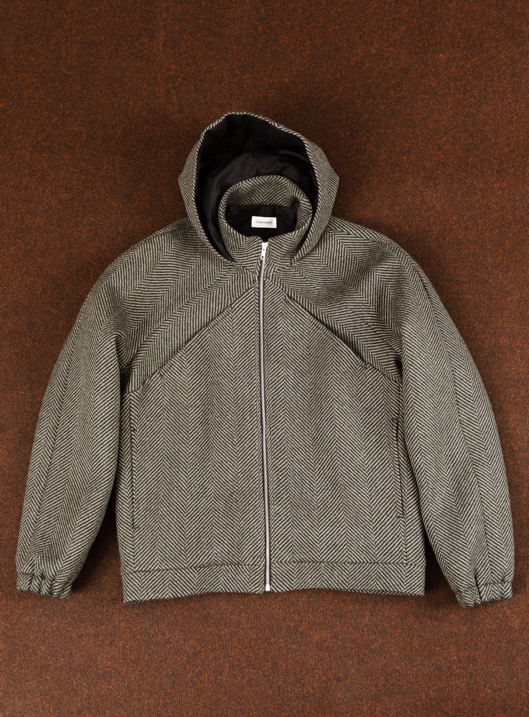 X Collar Puffer Jacket in Khaki Herringbone Wool