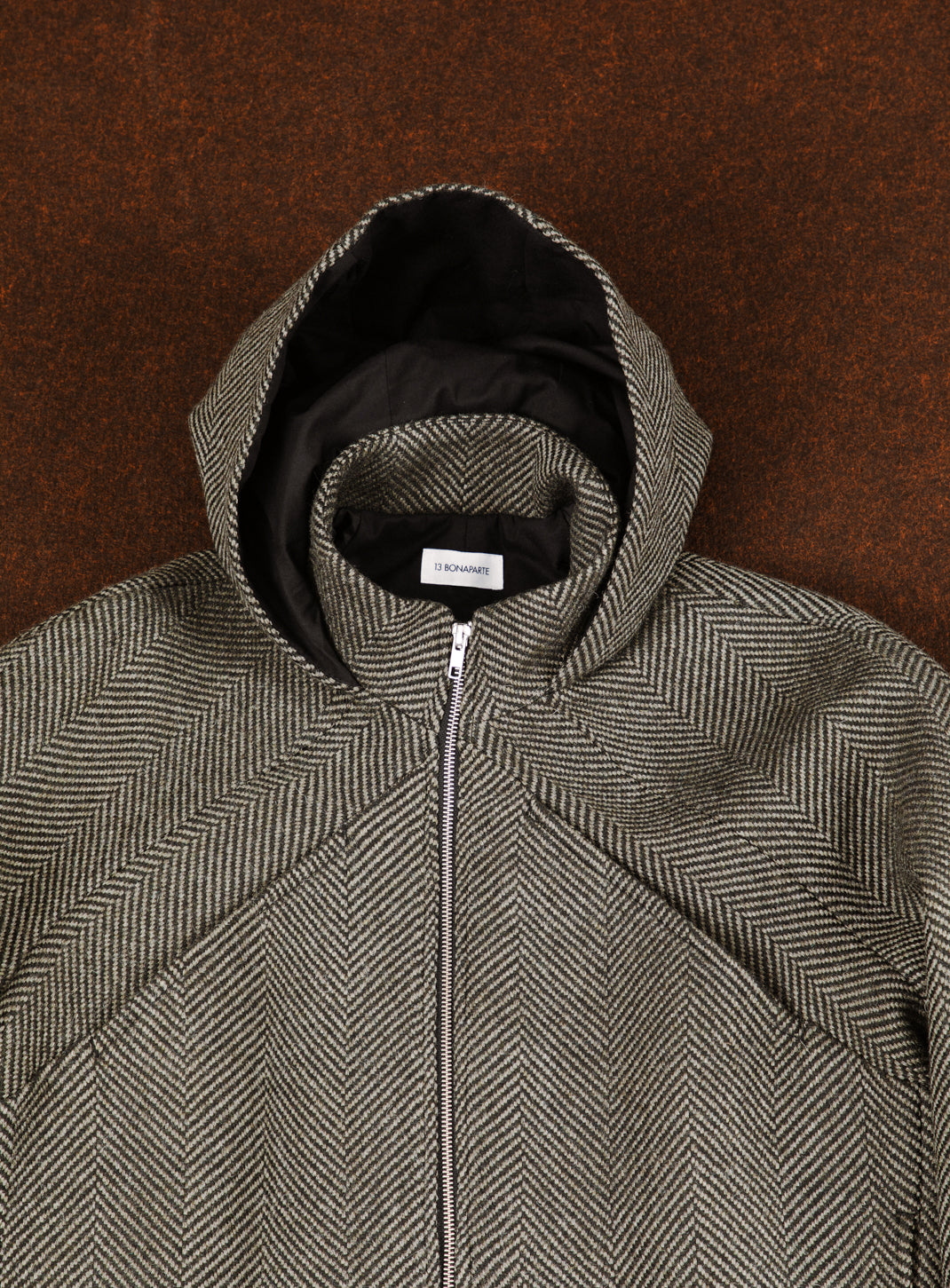 X Collar Puffer Jacket in Khaki Herringbone Wool