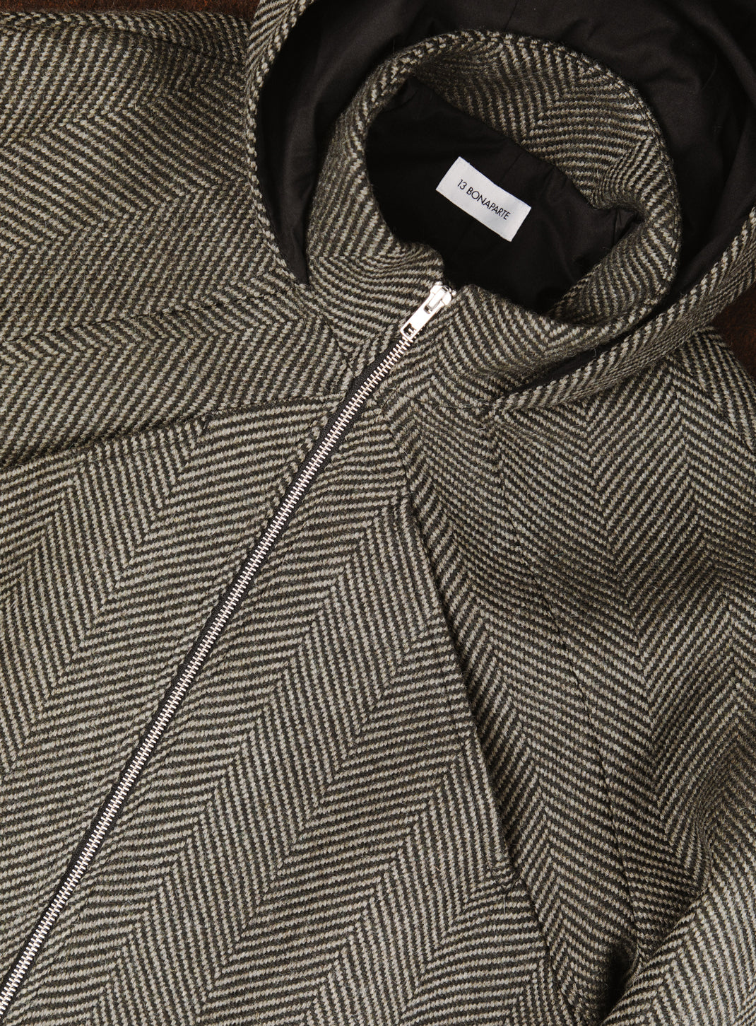 X Collar Puffer Jacket in Khaki Herringbone Wool