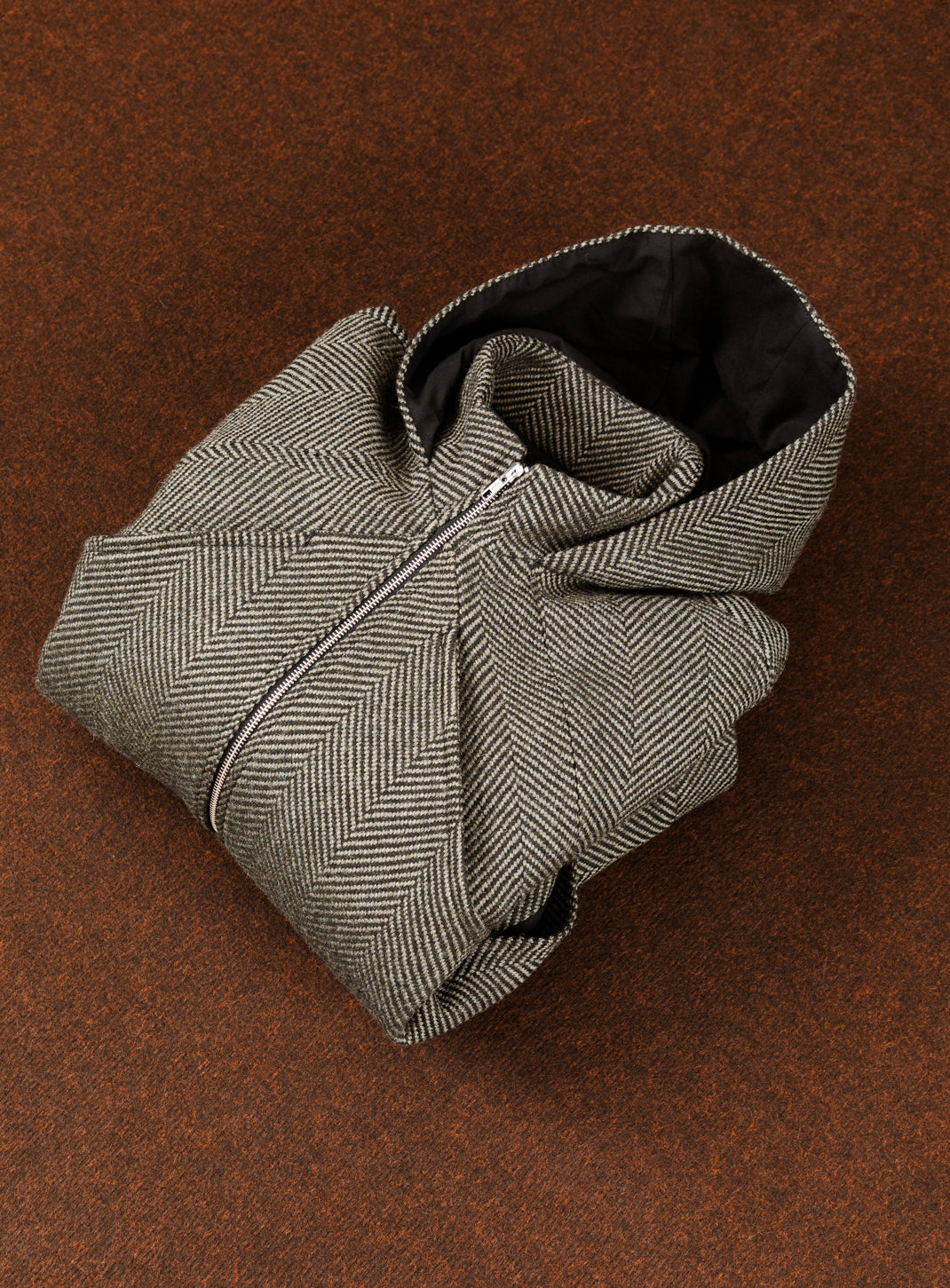 X Collar Puffer Jacket in Khaki Herringbone Wool