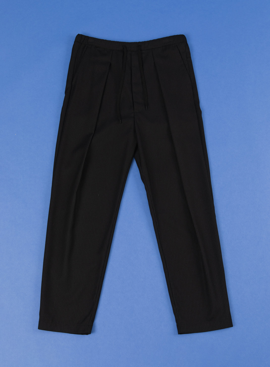 Lace Waist Pants with Deep Pleats in Black Fine Stripe Serge