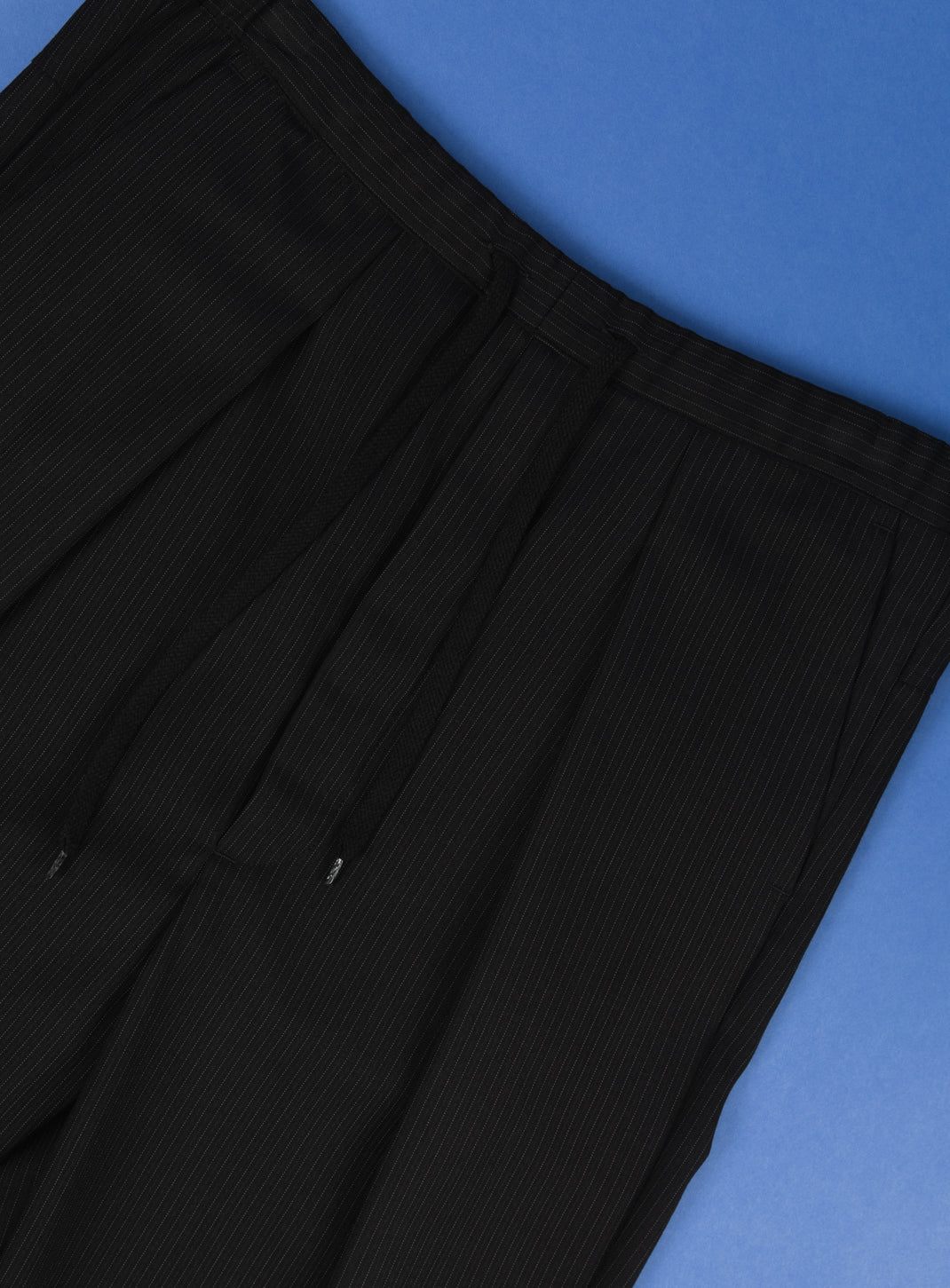 Lace Waist Pants with Deep Pleats in Black Fine Stripe Serge