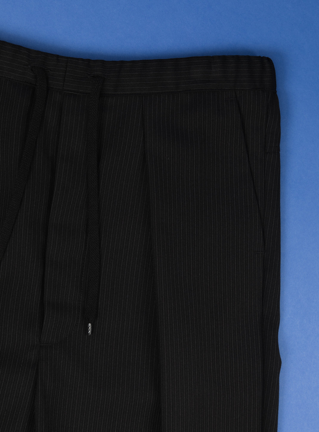 Lace Waist Pants with Deep Pleats in Black Fine Stripe Serge