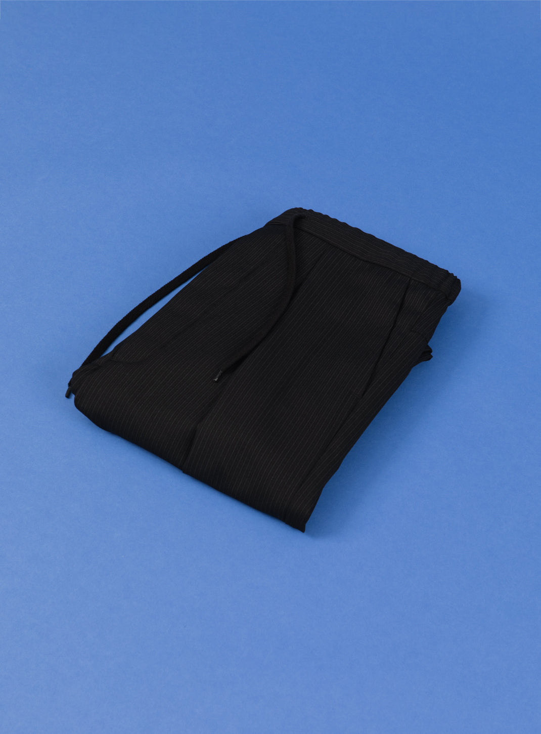 Lace Waist Pants with Deep Pleats in Black Fine Stripe Serge