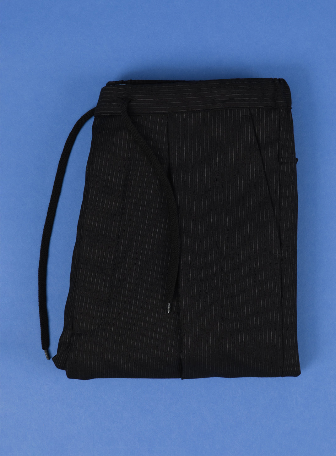 Lace Waist Pants with Deep Pleats in Black Fine Stripe Serge