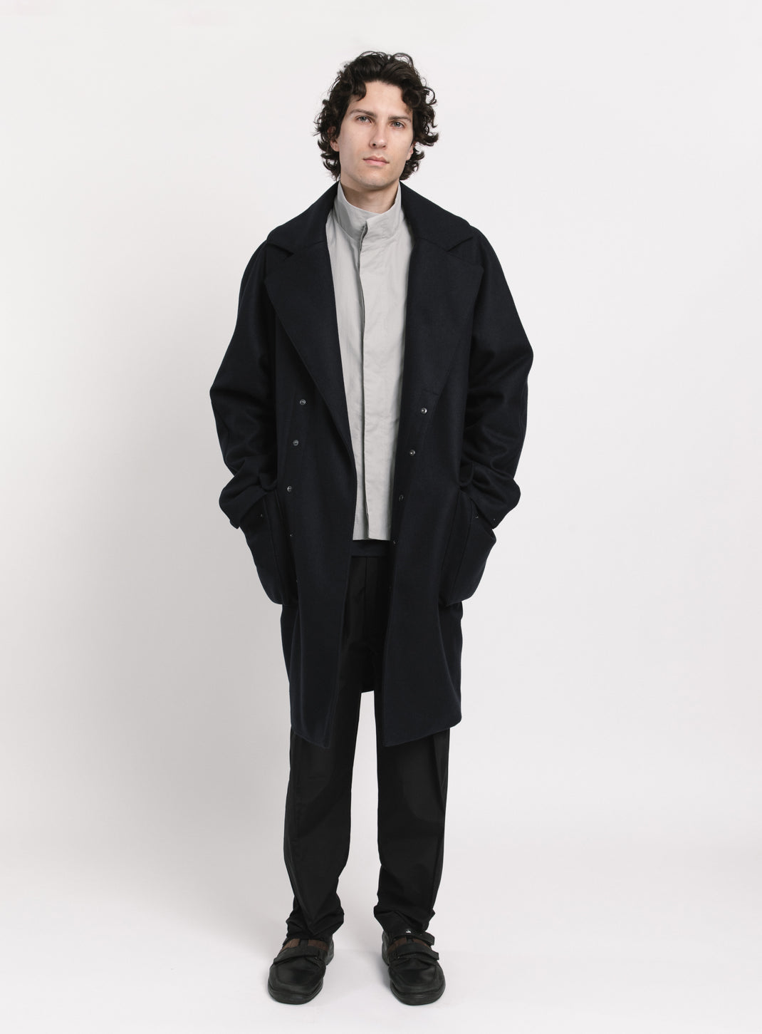 Coat with Puffed Pockets in Navy Blue Italian Wool
