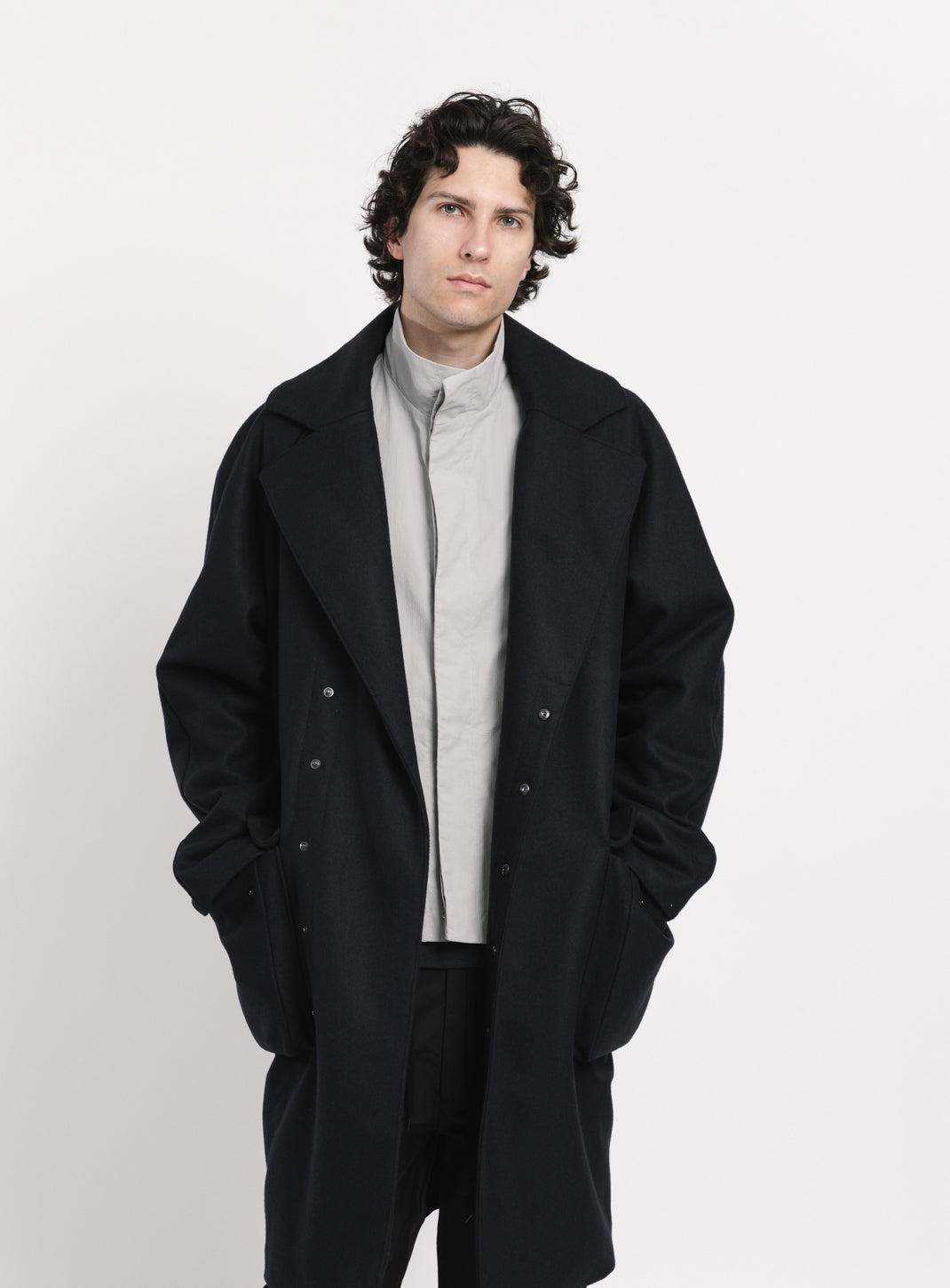 Coat with Puffed Pockets in Navy Blue Italian Wool