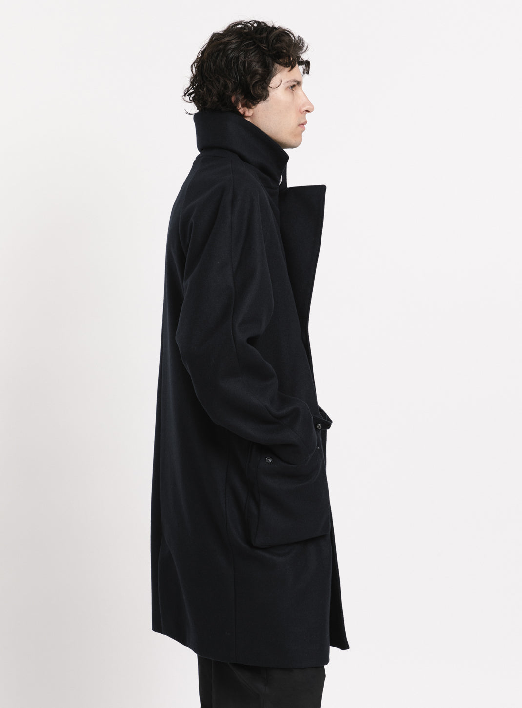 Coat with Puffed Pockets in Navy Blue Italian Wool