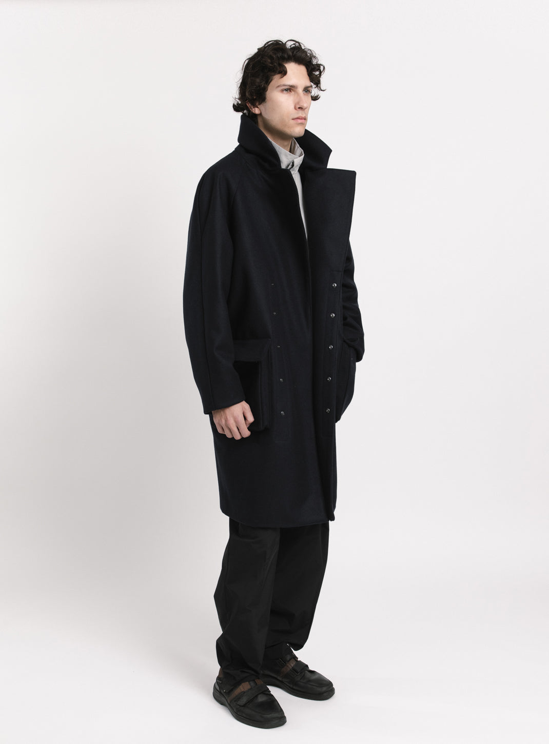 Coat with Puffed Pockets in Navy Blue Italian Wool