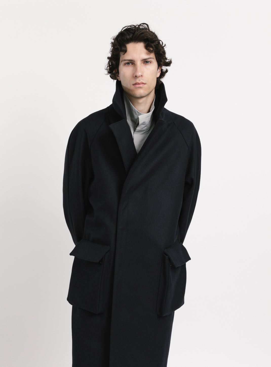 Coat with Puffed Pockets in Navy Blue Italian Wool