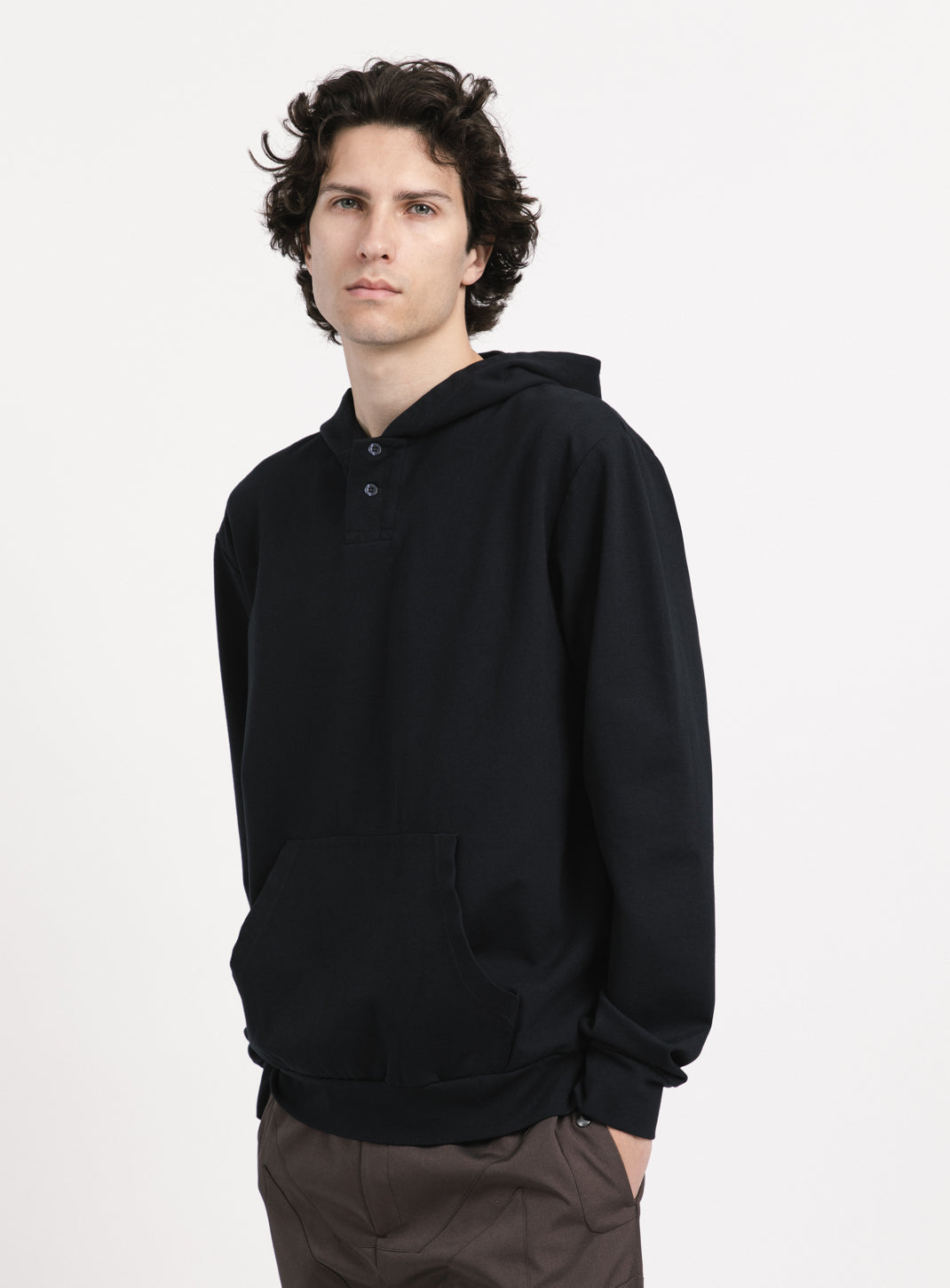 Hooded Sweatshirt with 2 Buttons in Navy Blue Technical Knit