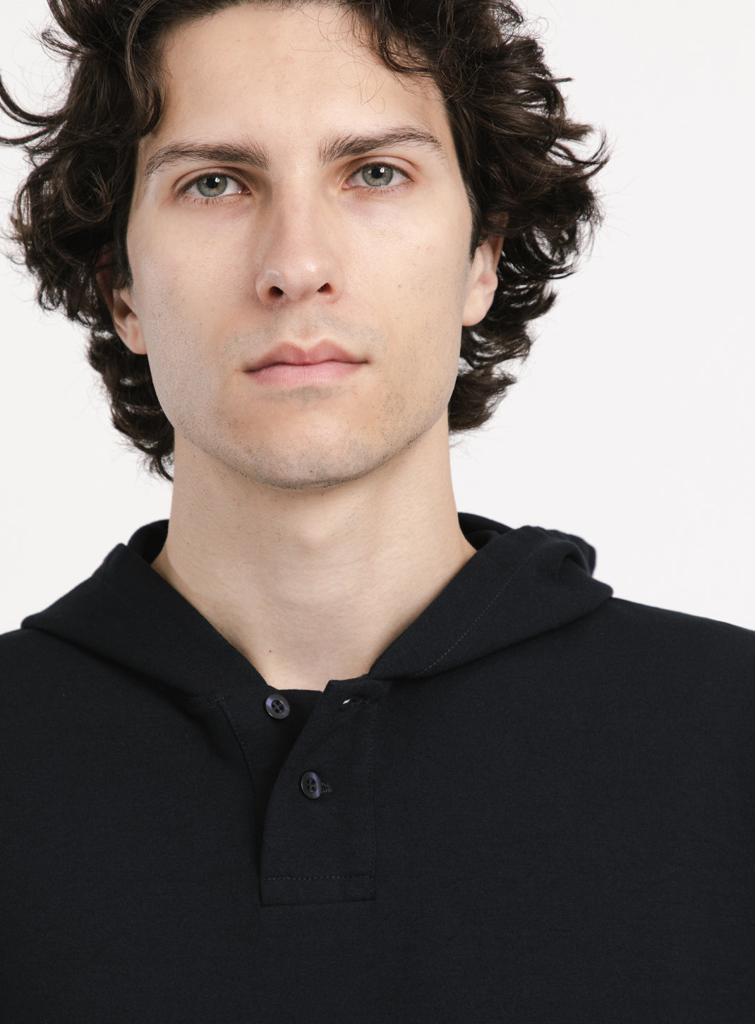 Hooded Sweatshirt with 2 Buttons in Navy Blue Technical Knit