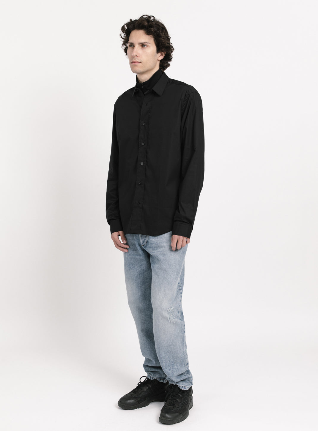 Shirt with Collar Tab in Black Poplin