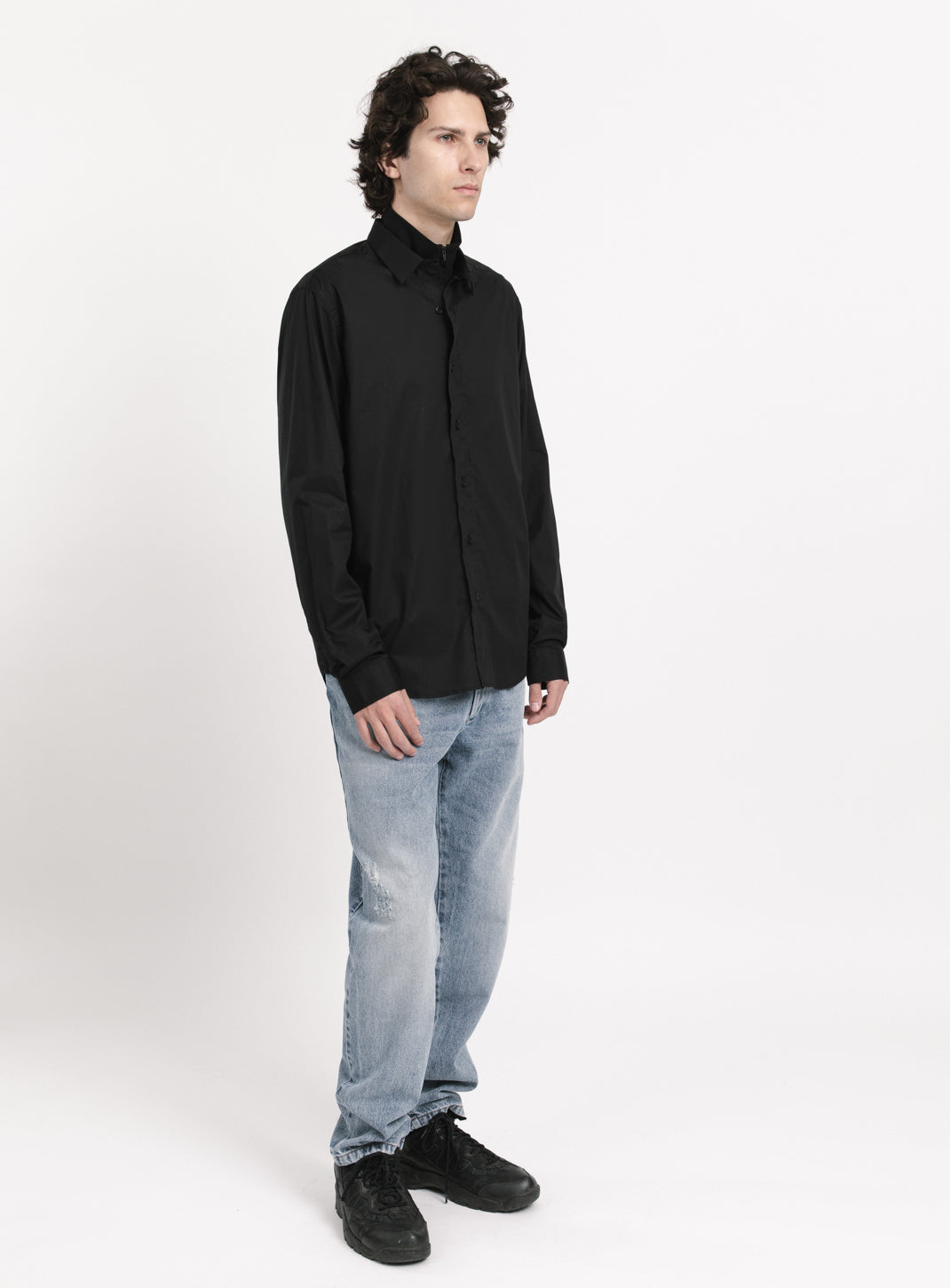 Shirt with Collar Tab in Black Poplin