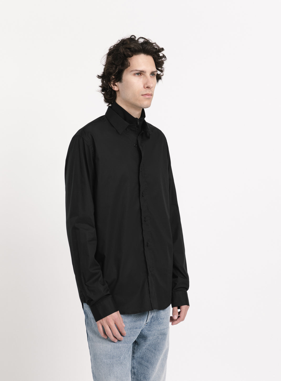 Shirt with Collar Tab in Black Poplin