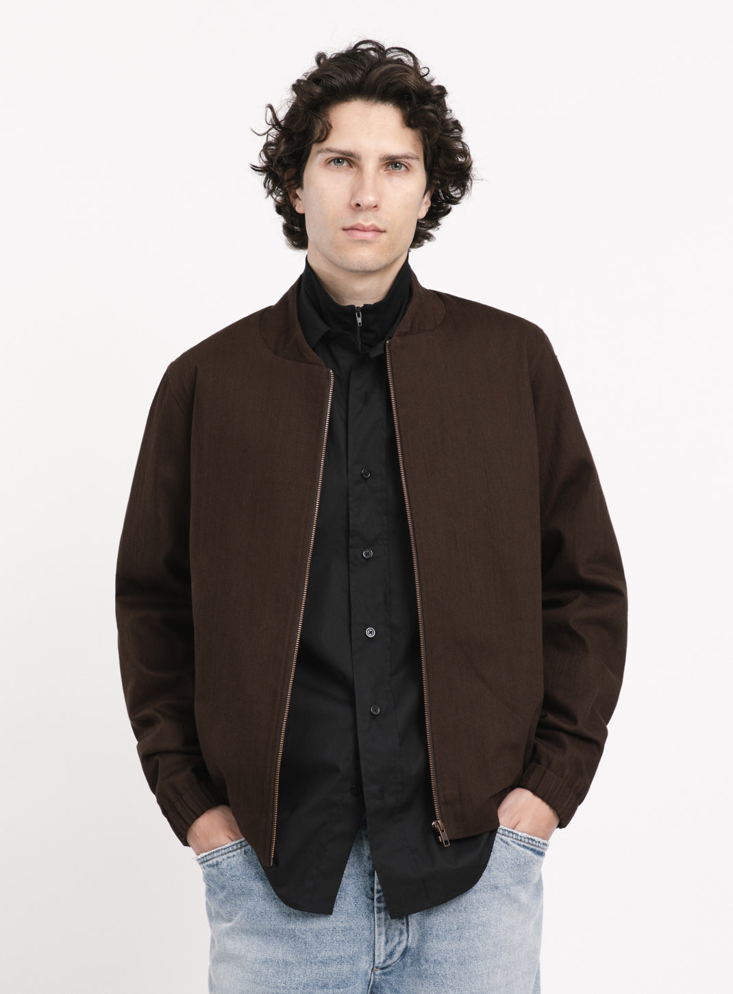 Murano Collar Bomber Jacket in Chocolate Weaved Denim