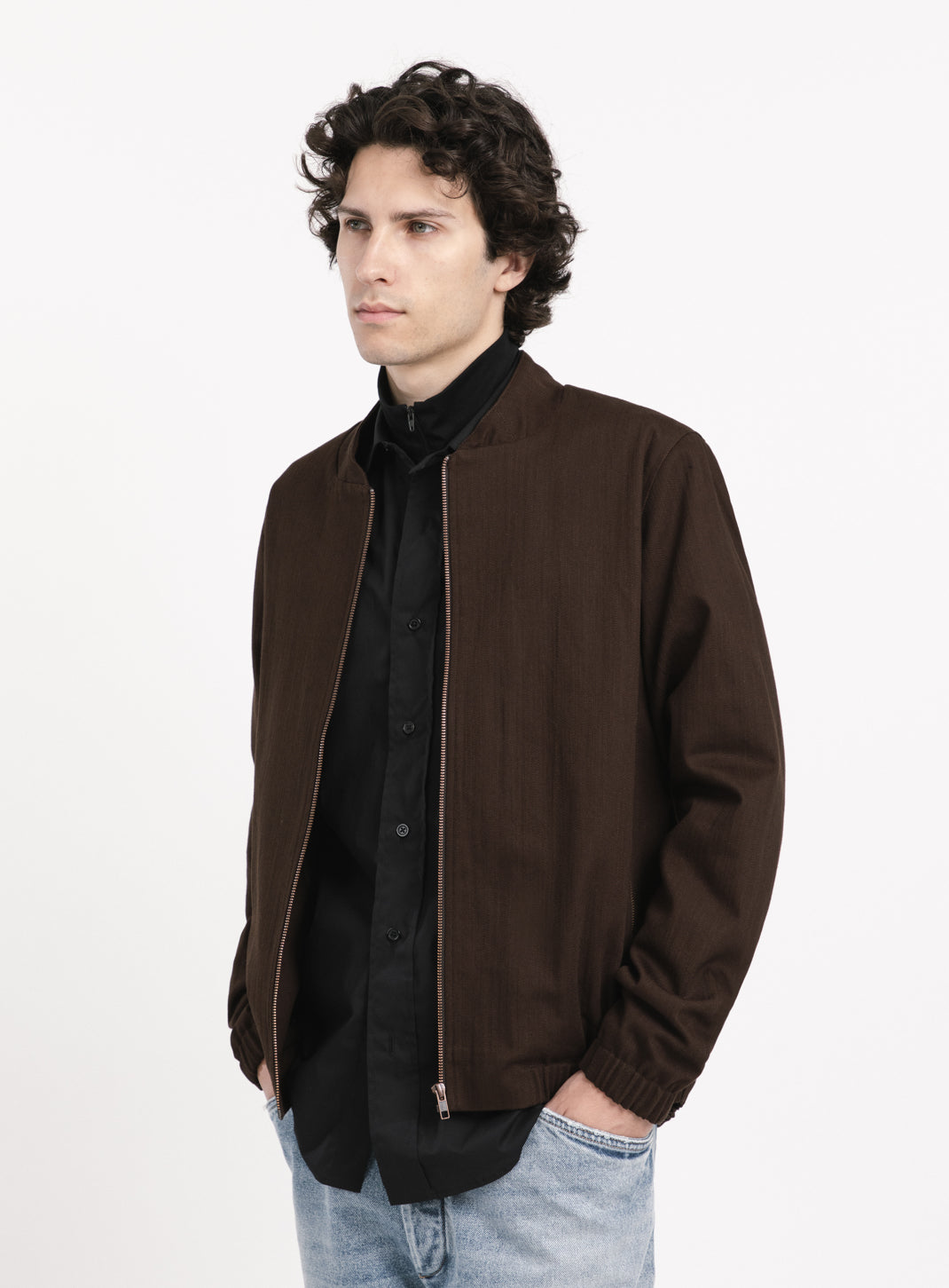 Murano Collar Bomber Jacket in Chocolate Weaved Denim