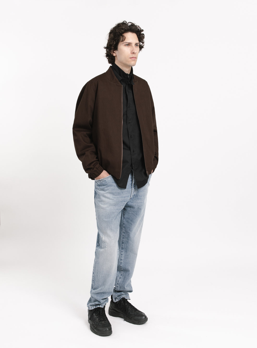 Murano Collar Bomber Jacket in Chocolate Weaved Denim