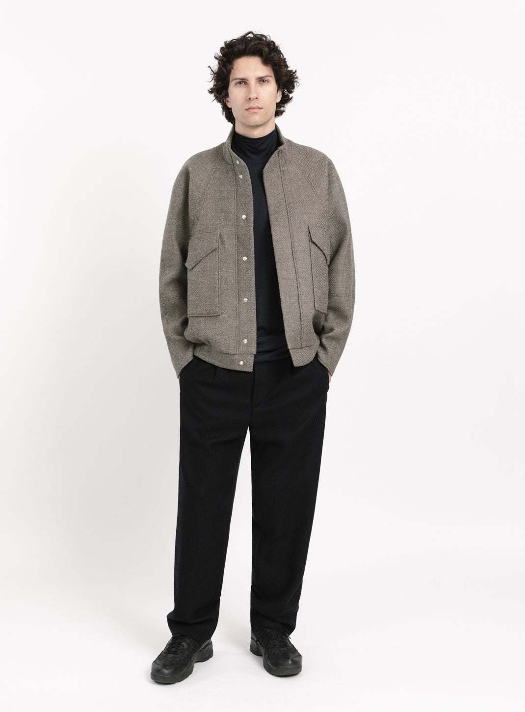 Bomber Jacket with Origami Collar in Clay 100% Italian Wool