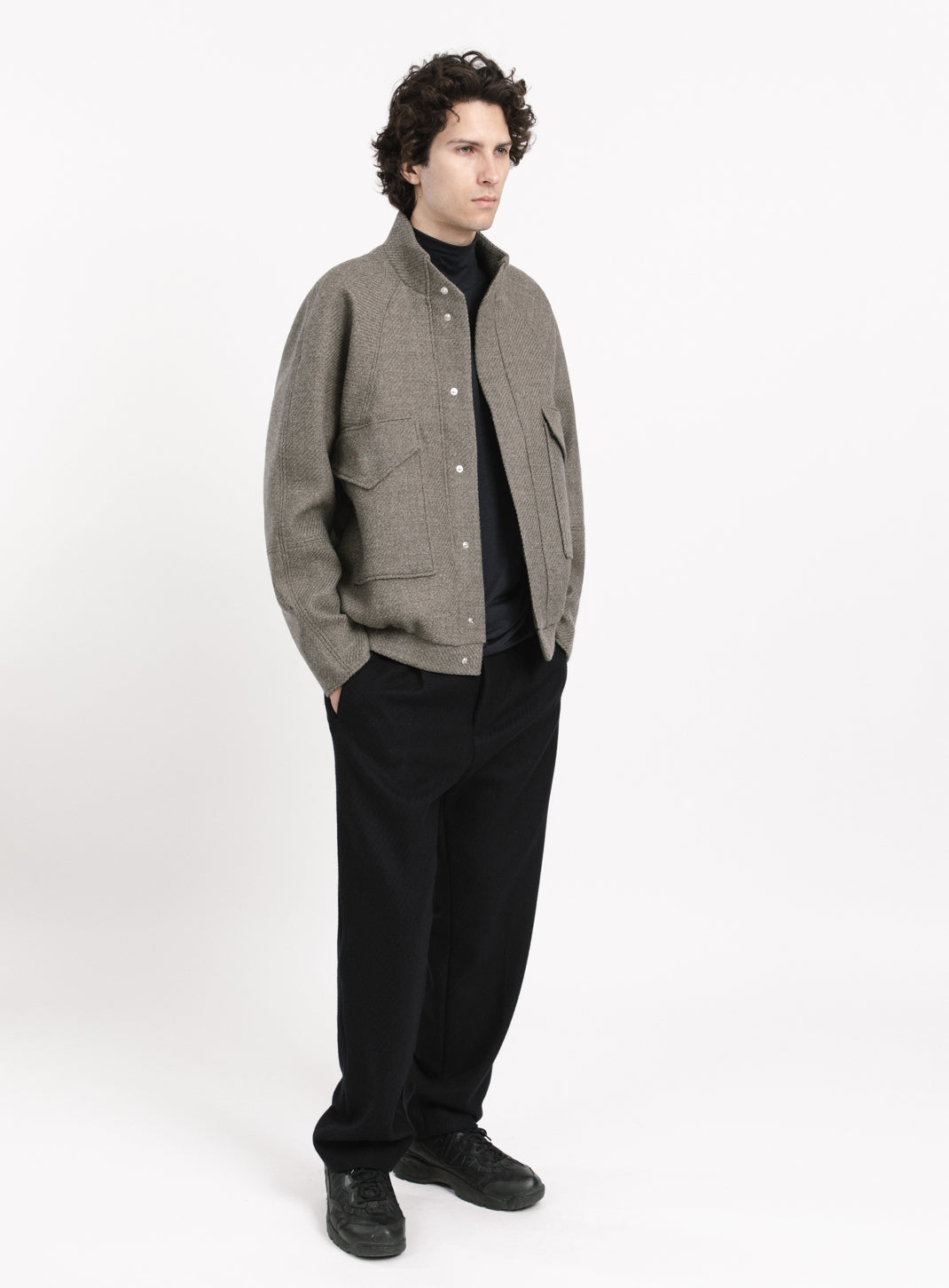 Bomber Jacket with Origami Collar in Clay 100% Italian Wool