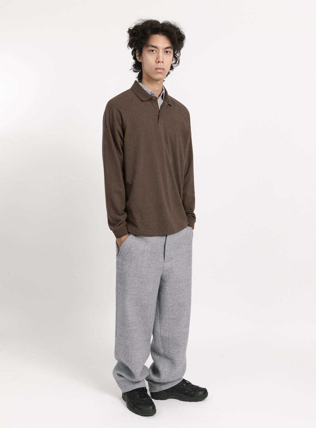 Polo Sweatshirt in Heather Chocolate Cotton & Elastane