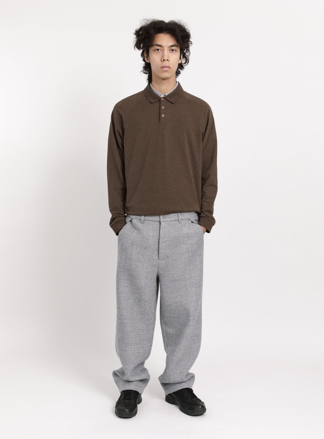 Flap Pockets Pants in Light Grey Herringbone Wool