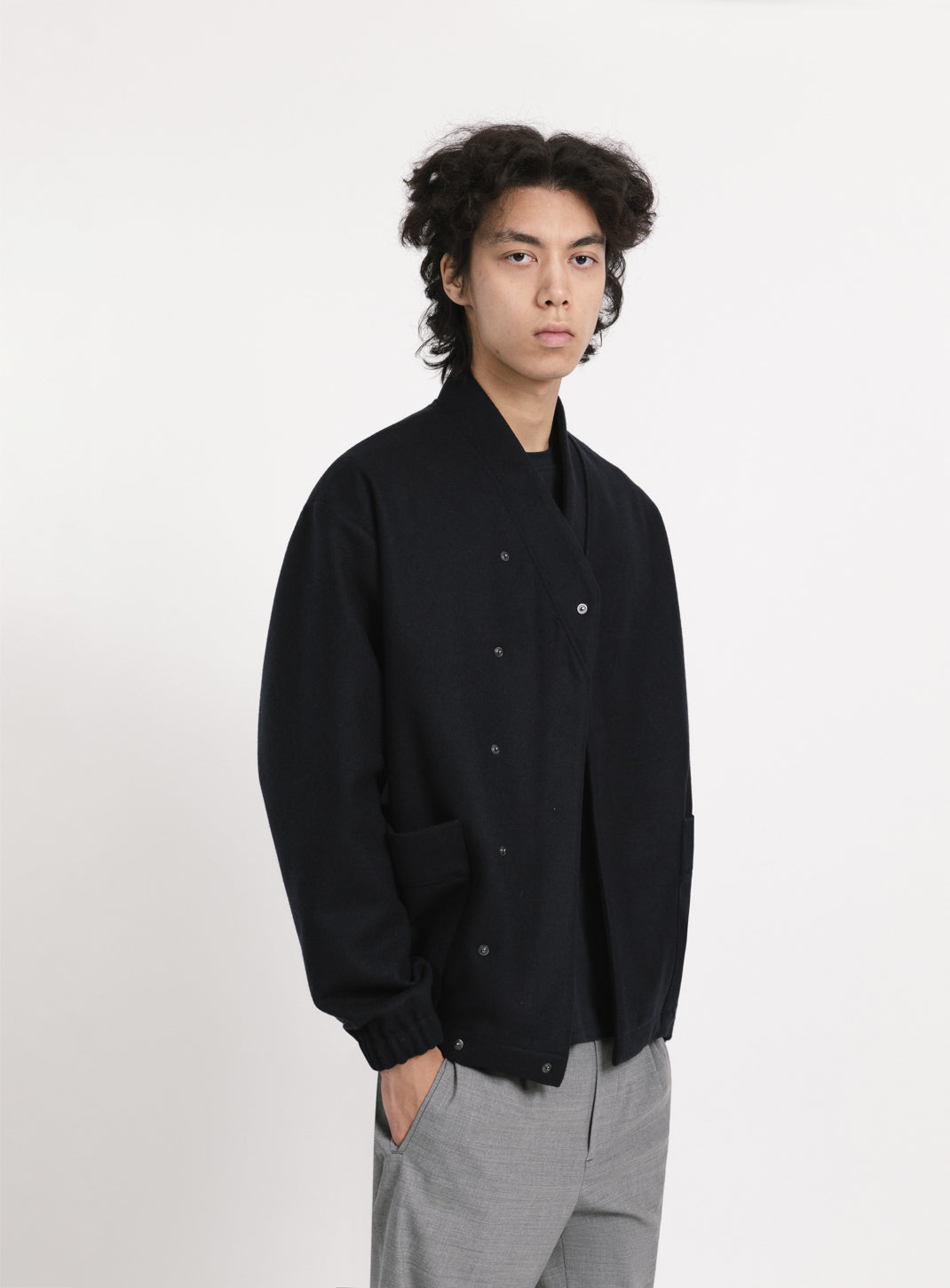 Kimono Bomber Jacket in Navy Blue Italian Wool