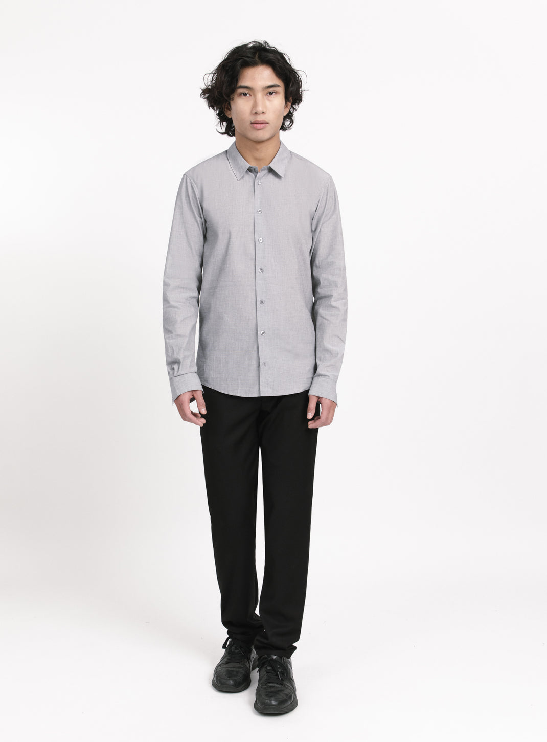 Shirt with Small Collar Stand in Grey End-on-End