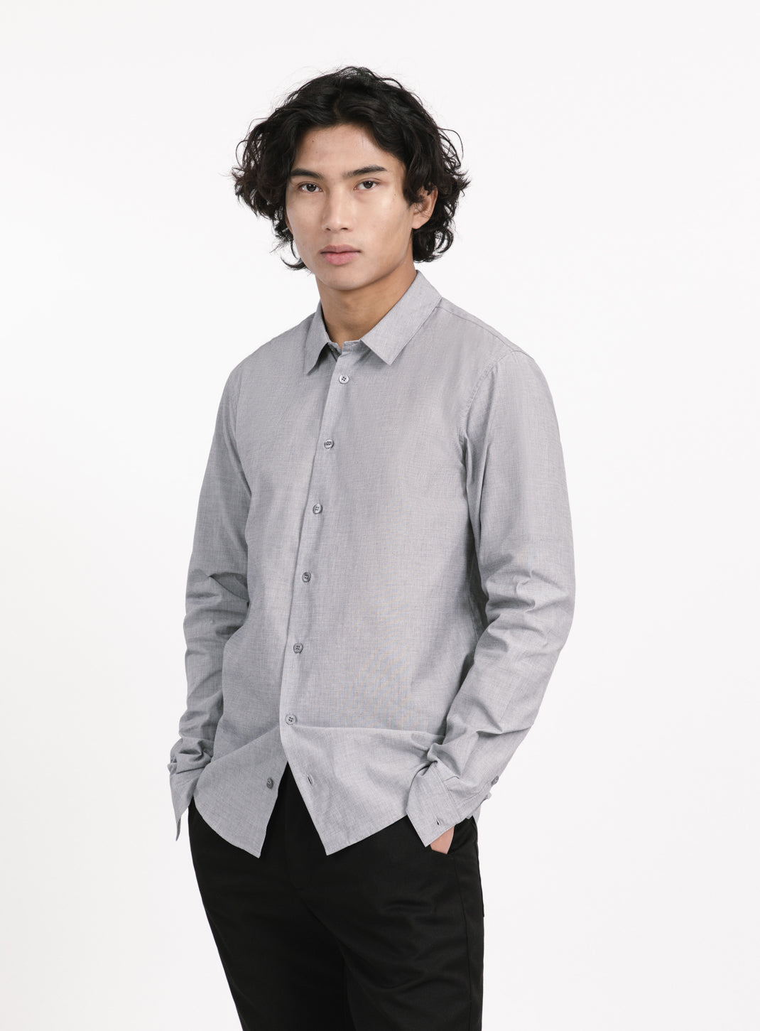 Shirt with Small Collar Stand in Grey End-on-End