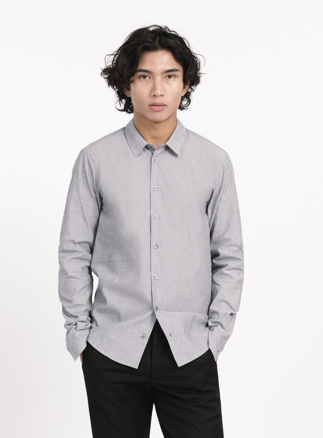 Shirt with Small Collar Stand in Grey End-on-End