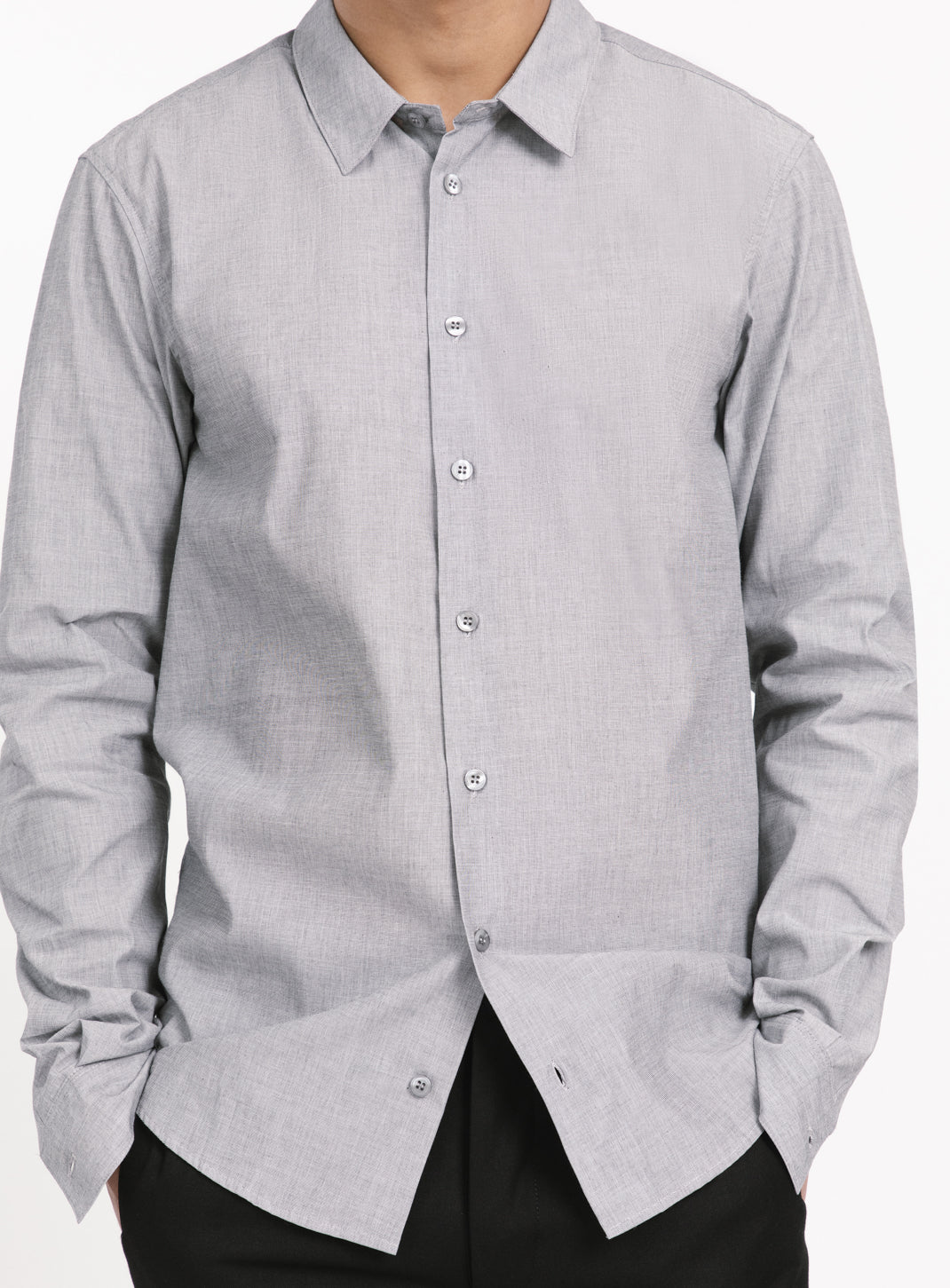 Shirt with Small Collar Stand in Grey End-on-End