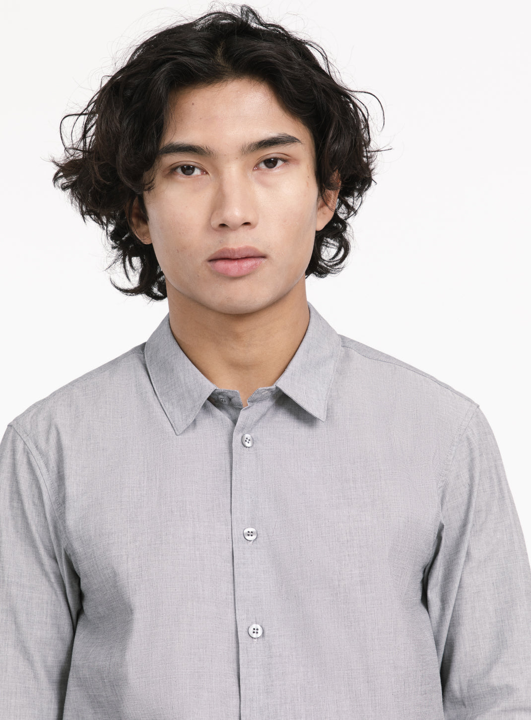 Shirt with Small Collar Stand in Grey End-on-End