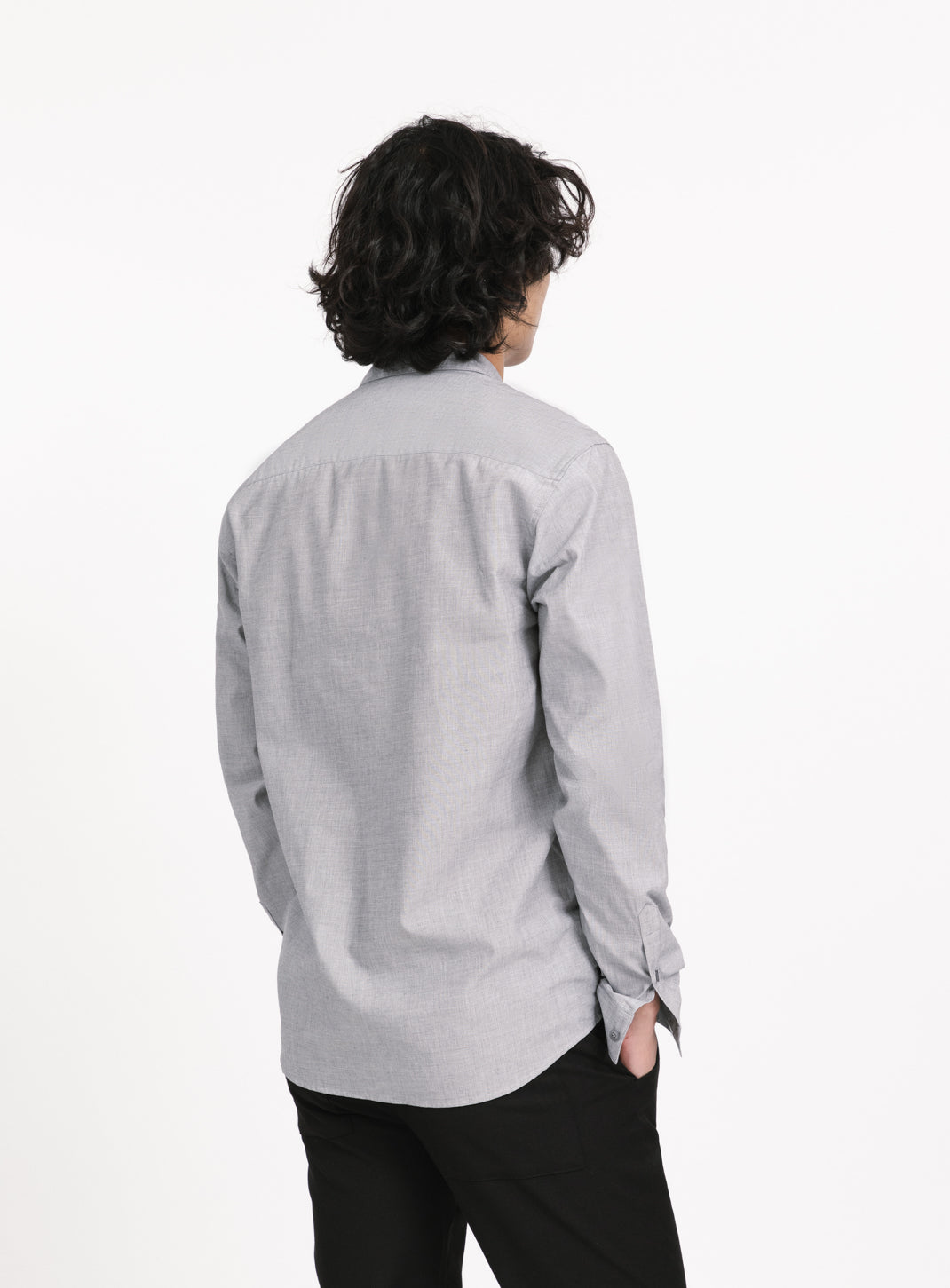 Shirt with Small Collar Stand in Grey End-on-End