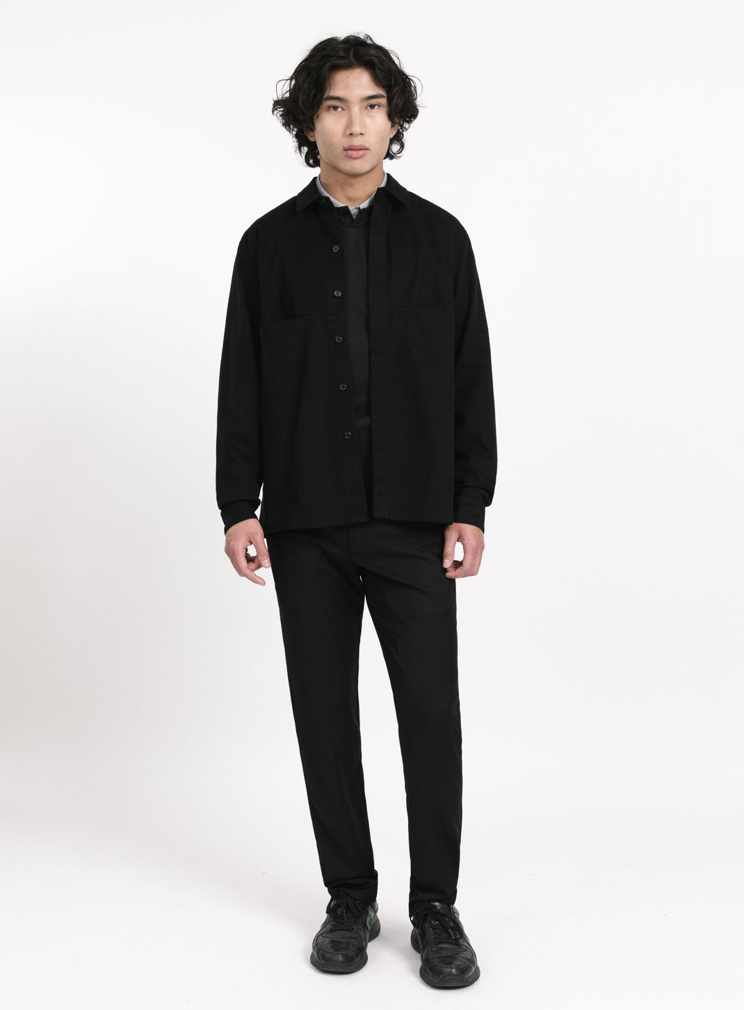 Overshirt with Front Cuts in Black Canvas