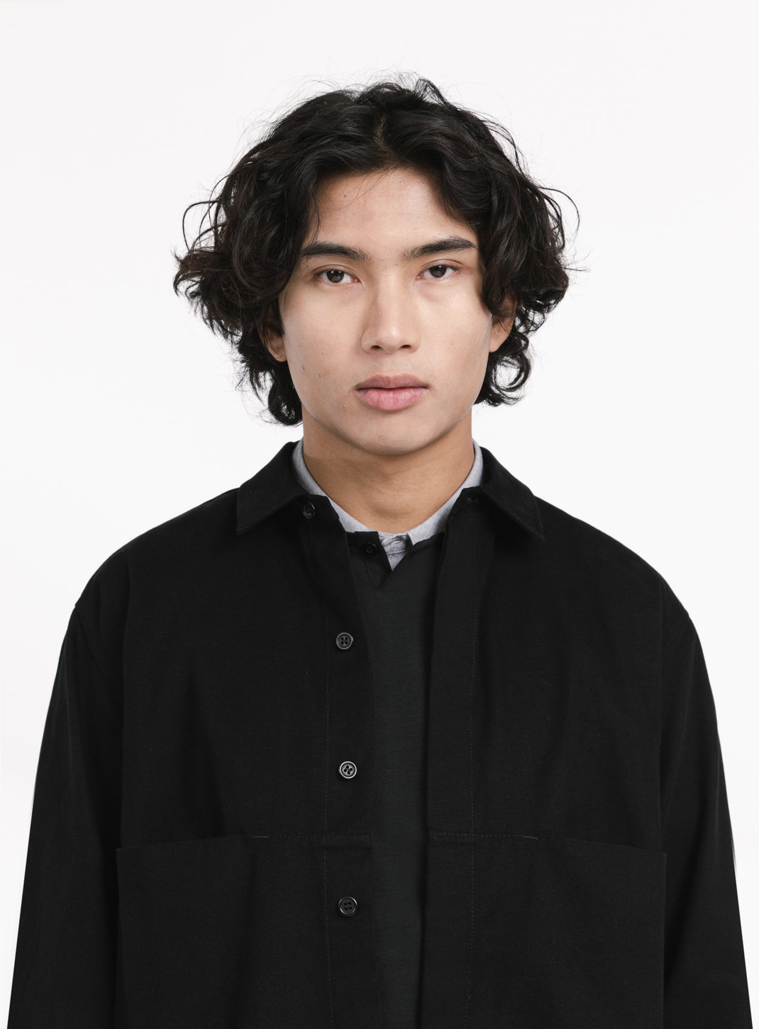 Overshirt with Front Cuts in Black Canvas